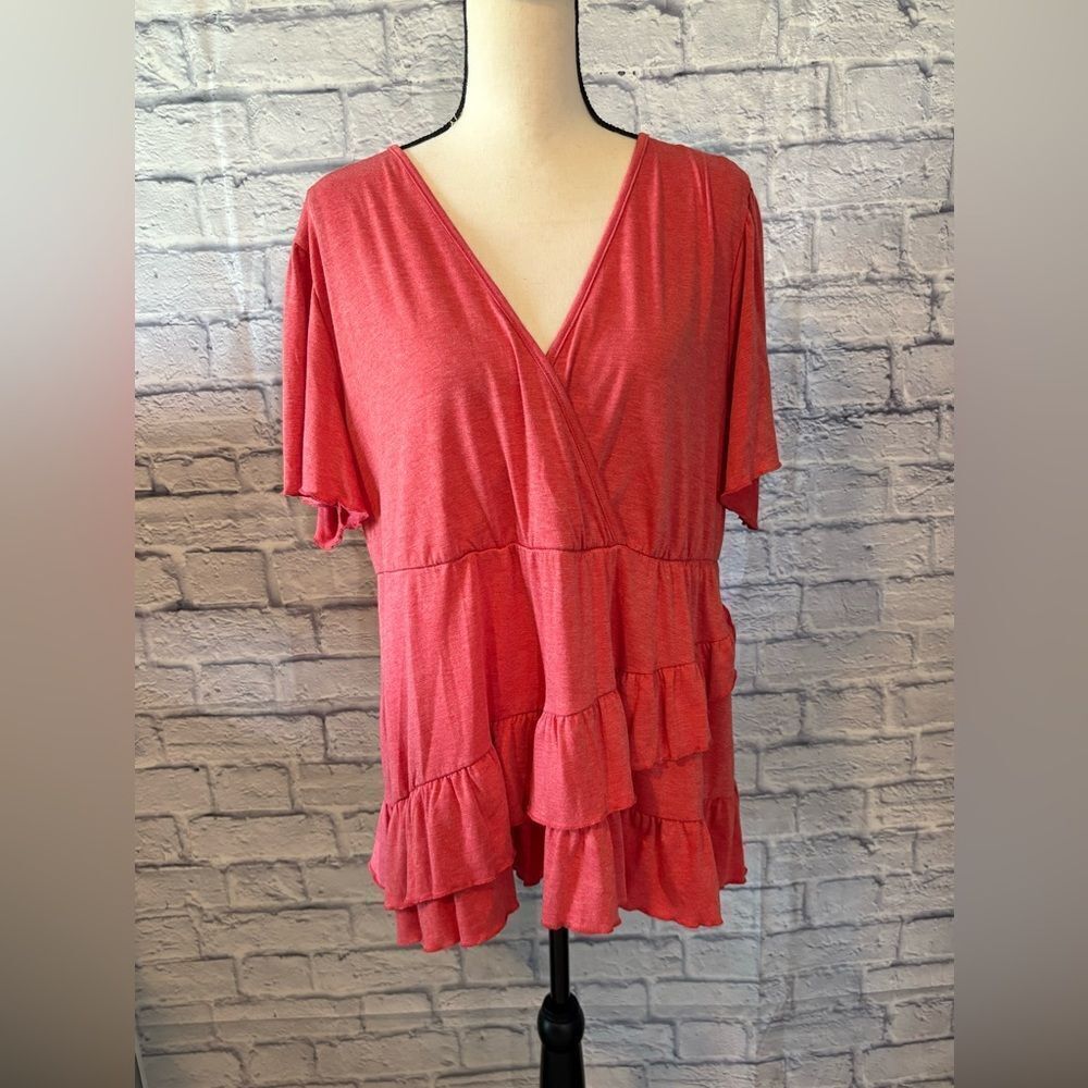 SHEIN Coral Ruffle V-Neck Blouse